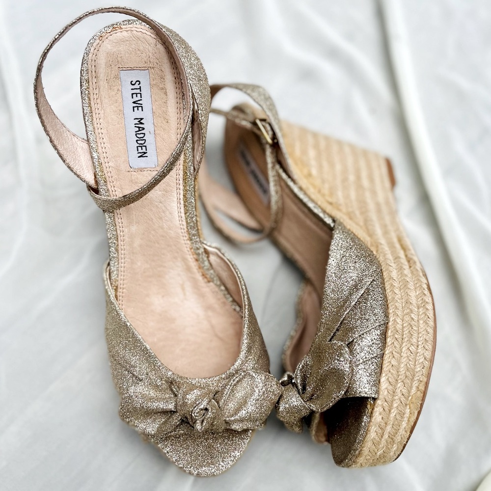 Steve Madden Gold Glisen Glitter Espadrille Wedge Sandals | Size 10
